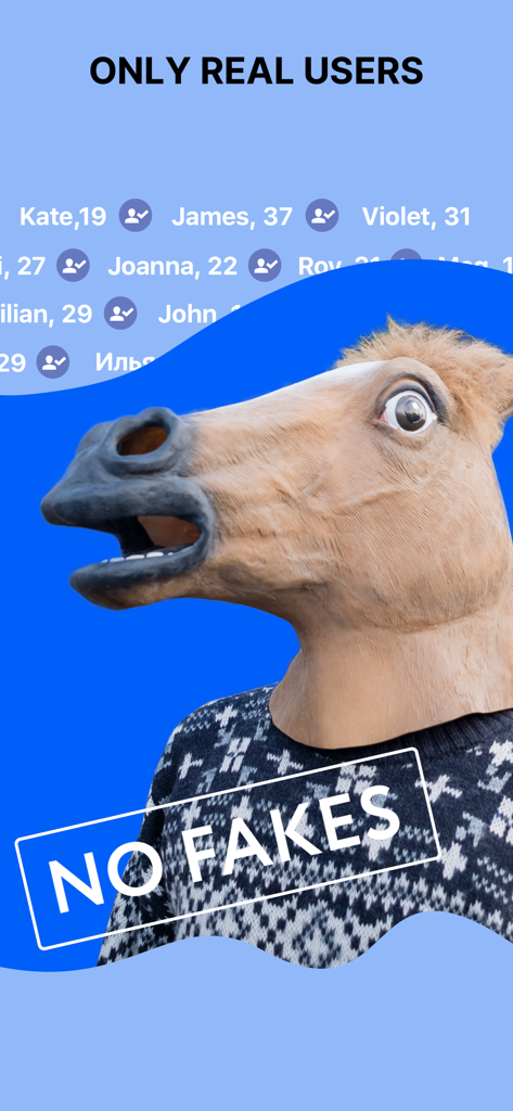 A promotional screen for Love Mail.Ru dating app highlighting verified real users and a no fakes policy.