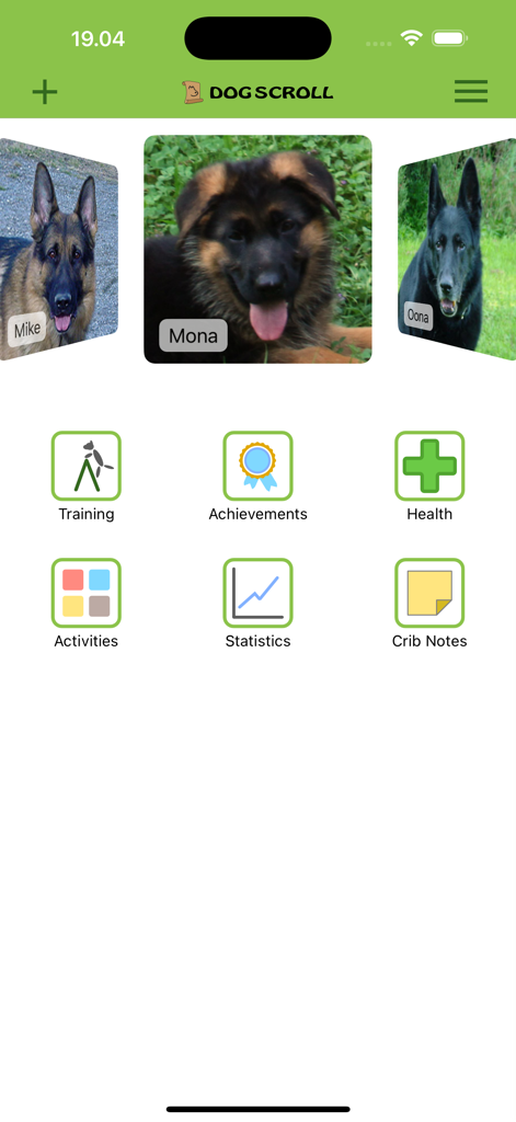 DogScroll app main menu with dog profiles and training management icons