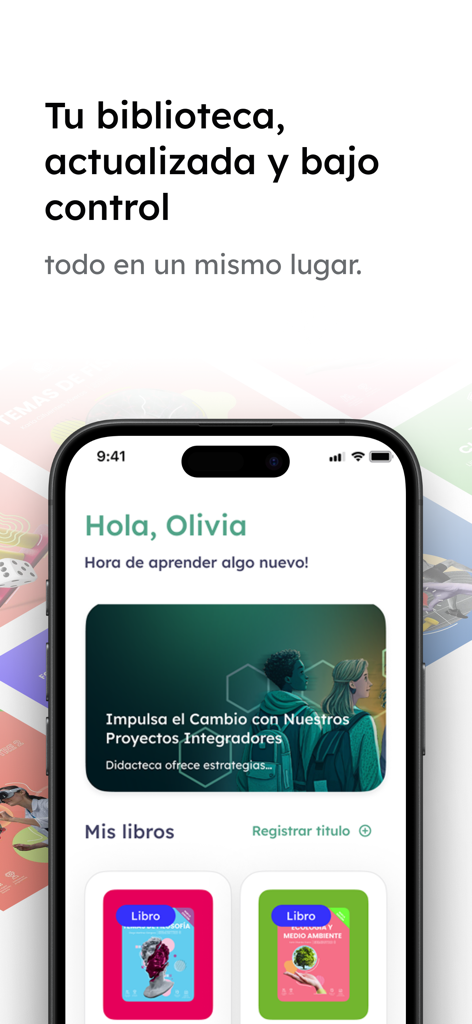 Didacteca - Interface do aplicativo Didacteca mostrando um painel personalizado do aluno com livros didáticos digitais e uma saudação para Olivia.