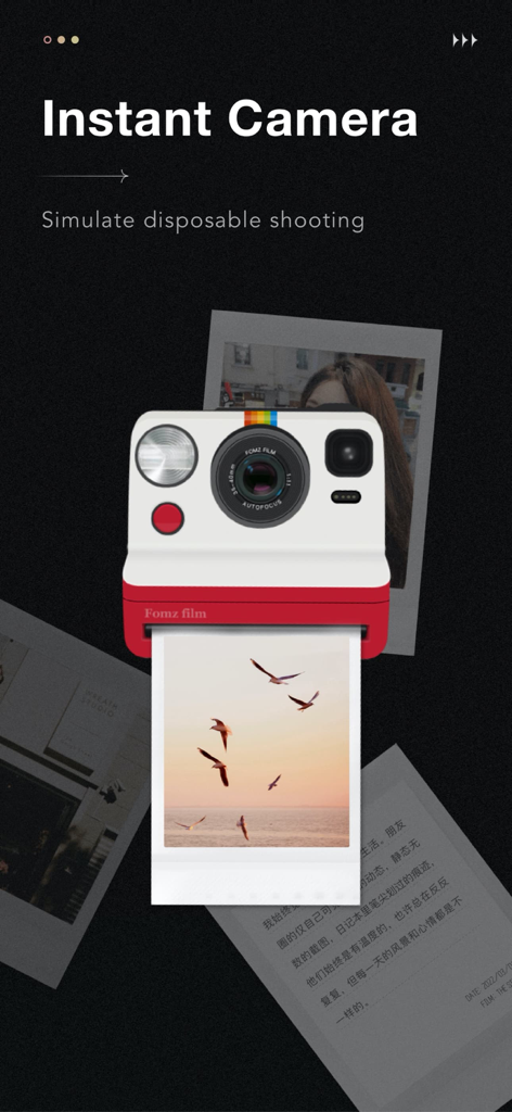 Fomz - Vintage Analog Camera - Fomz app interface featuring a stylized instant camera printing a vintage-style polaroid photo