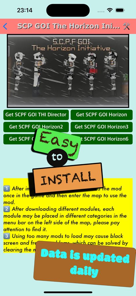 Addons for Ragdoll Mod - Interface of the Addons for Ragdoll Mod app showing SCP Horizon Initiative characters with buttons for easy installation and a daily update notice