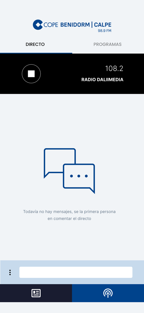 COPE Benidorm | Calpe - Interfaz de la aplicación COPE Benidorm Calpe que muestra el reproductor de radio en directo y la sección de chat