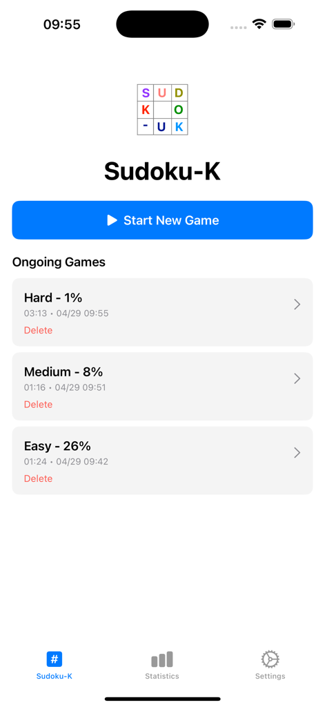 Sudoku-K - Sudoku-K app home screen displaying the start new game button and progress of ongoing games across different difficulty levels