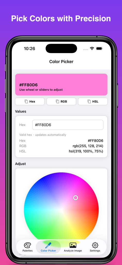 ColorKit – Palette & Picker - Interfaz de la aplicación móvil ColorKit que muestra una rueda de colores y valores hexadecimales, RGB y HSL en una pantalla de iPhone