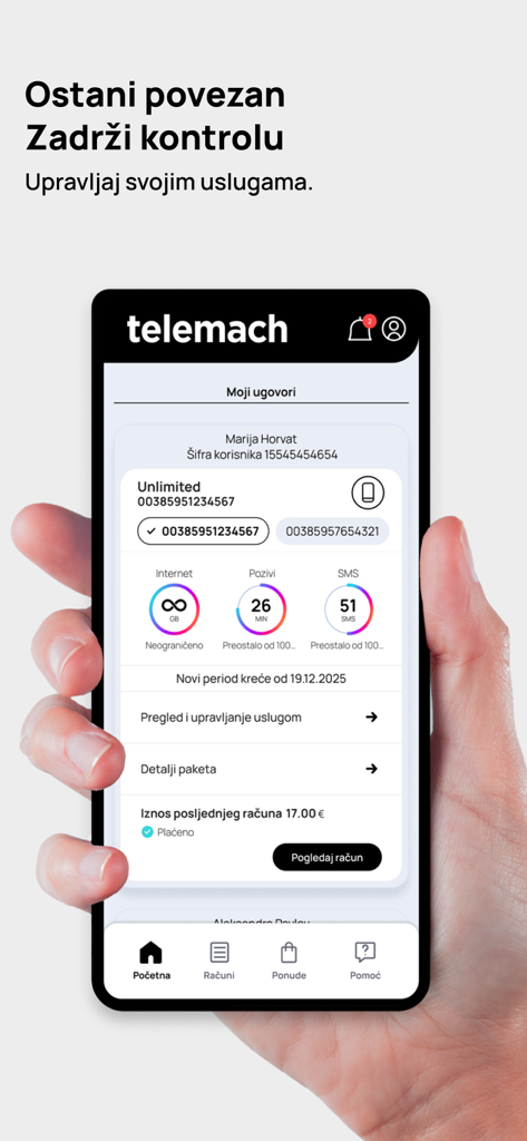 Tableau de bord de l'application mobile Telemach Hrvatska montrant la consommation de données et l'état du paiement des factures sur un smartphone