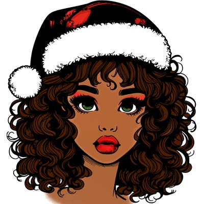 realistic girl with a santa hat curly hair and lips