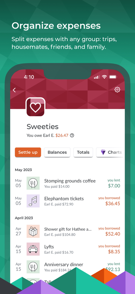 Splitwise app screen showing shared group expenses and total balances with friends.