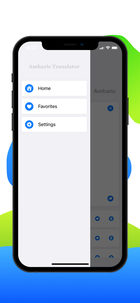 Menu di navigazione dell'app Il miglior traduttore amarico con opzioni Home, Preferiti e Impostazioni