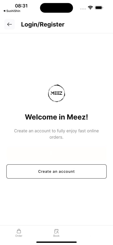 Meez Application - Welcome and registration screen of the Meez food ordering app featuring a create an account button