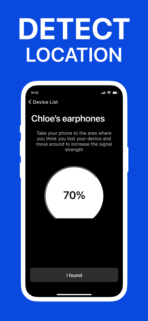 tracker detect - Tracker Detect app interface showing a seventy percent signal meter to locate lost earphones.