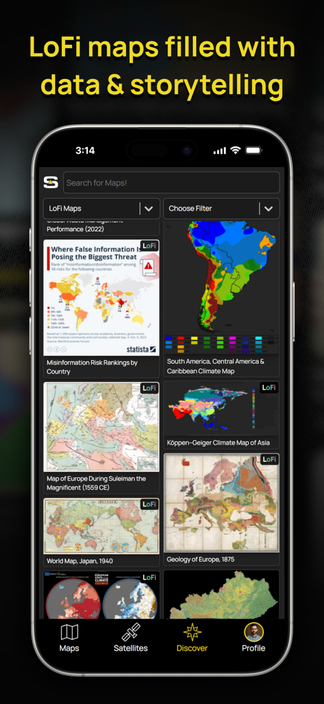 Soar - The New Atlas - Mobile app interface for Soar showing a gallery of data-driven LoFi maps including historical and climate data.
