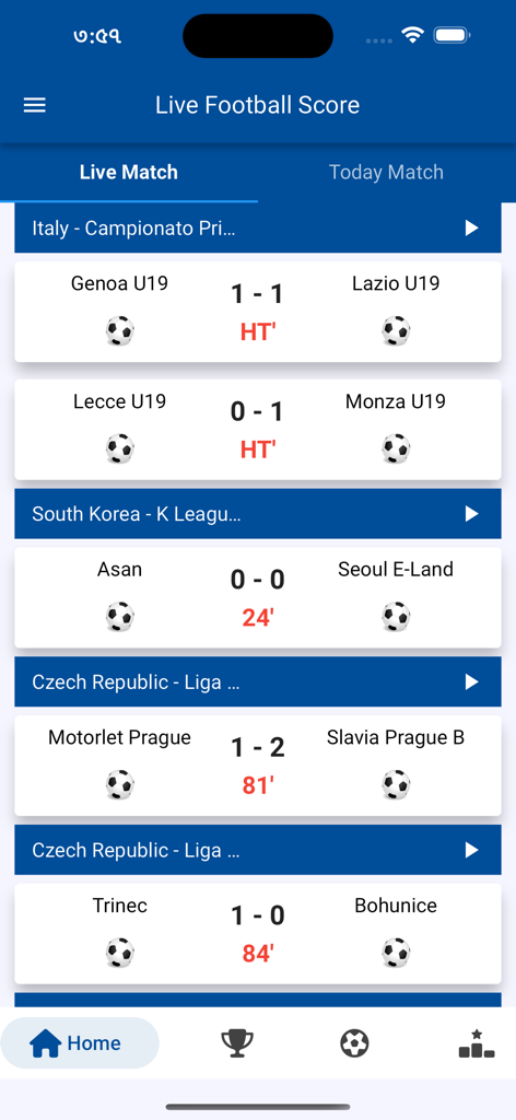 Interface of the KickNow app showing live football scores and match results from various global leagues