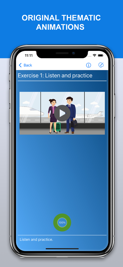 Learn Armenian with AVC - Screenshot dell'app Impara l'armeno con AVC che mostra un'animazione tematica originale per un esercizio di ascolto e pratica in aeroporto.