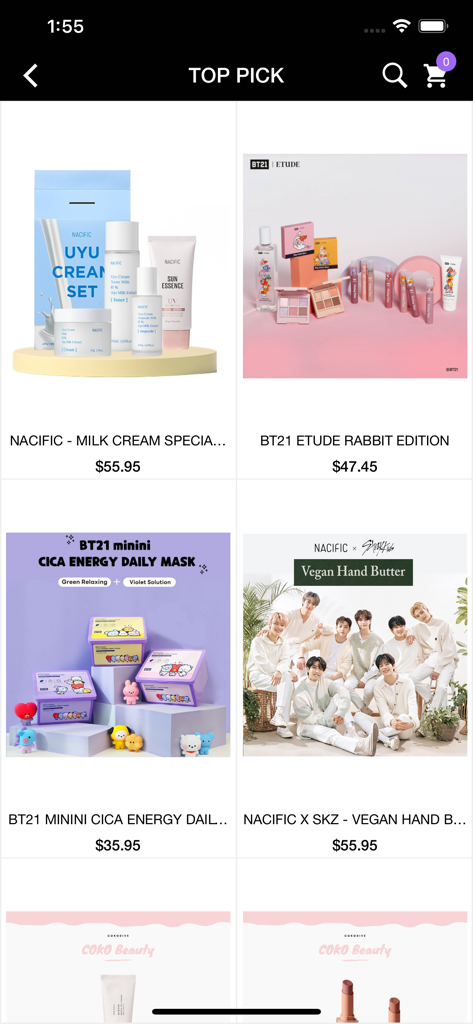 COKODIVE shopping app displaying various Korean beauty and K-pop merchandise