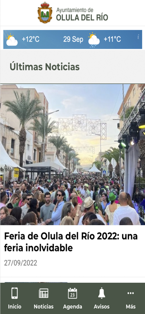 Aplicación Olula del Rio mostrando un artículo de noticias sobre la feria local.