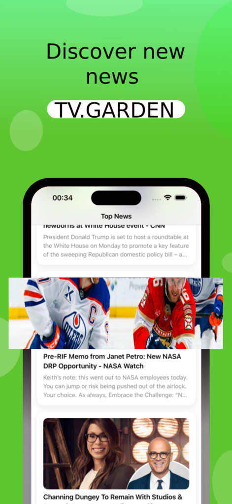 Garden TV browser - A news feed interface on a smartphone screen showing headlines and articles within the Garden TV browser app
