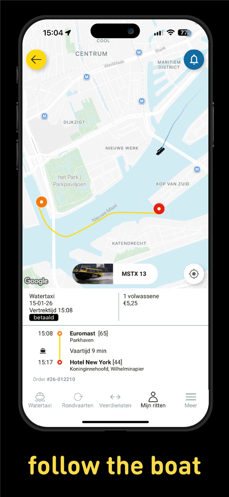 A smartphone screen showing the Watertaxi Rotterdam app with a real-time map tracking a boat route between Euromast and Hotel New York.