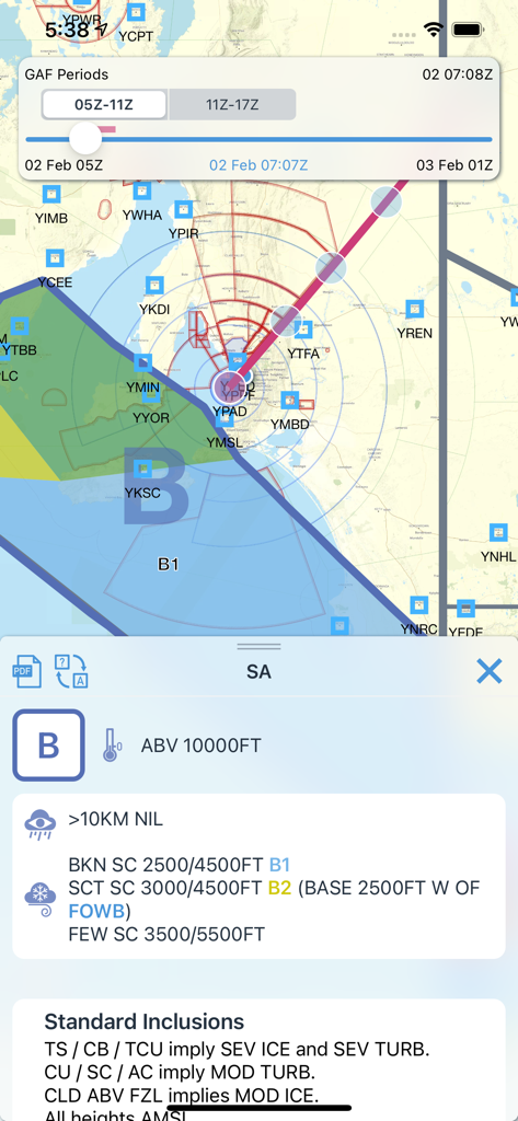 OzRunways EFB - OzRunways EFB mobile App zeigt eine grafische Flächenvorhersagekarte und Luftwetterdaten an