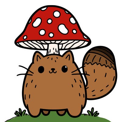 a cat that stands on 2 feet that has a mushroom on his head.