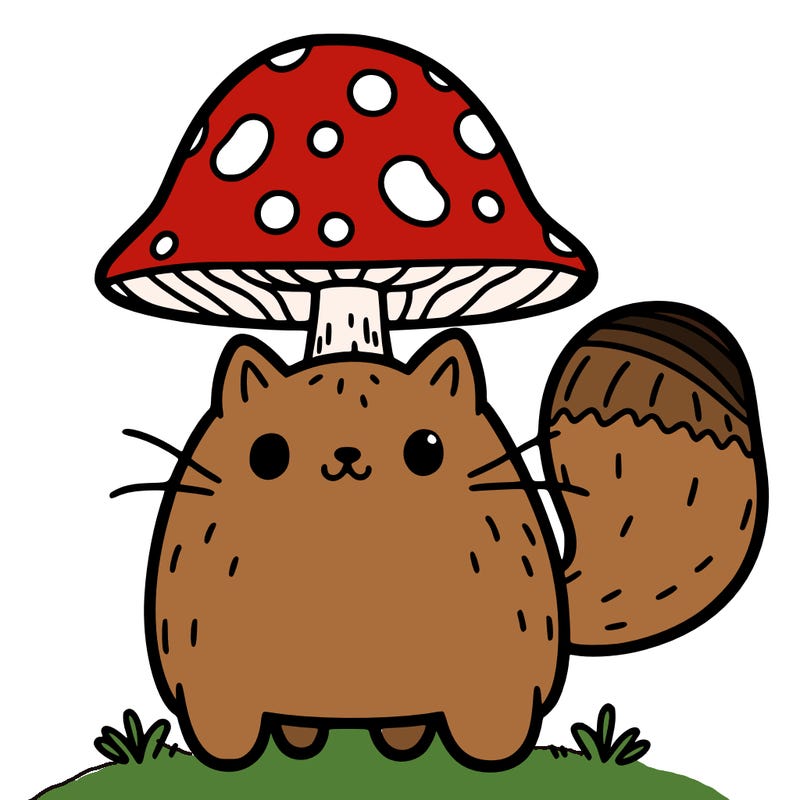 a cat that stands on 2 feet that has a mushroom on his head.