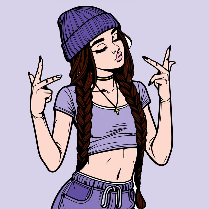 realistic teenage girl with braids and a beanie and crop top doing 🫶🏼