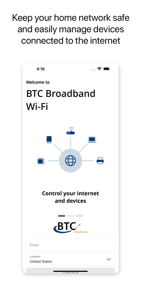 BTC Broadband  Wi-Fi - Welcome screen of the BTC Broadband Wi-Fi app for managing home network devices and security