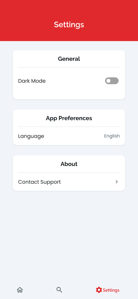 Read Volley - Settings screen of the Read Volley app featuring options for dark mode and language preferences.