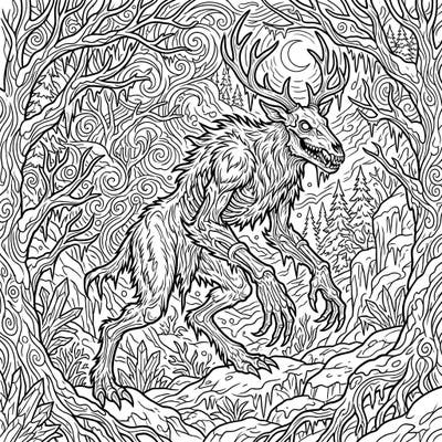 Embark on an epic coloring journey with this intricately detailed Wendigo cryptid, a fearsome creature from Algonquian folklore. Designed specifically for teens, this page offers a captivating challenge within a haunting, frosty forest landscape.