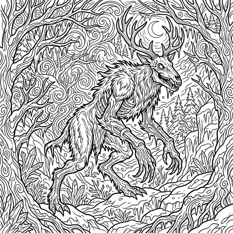 Embark on an epic coloring journey with this intricately detailed Wendigo cryptid, a fearsome creature from Algonquian folklore. Designed specifically for teens, this page offers a captivating challenge within a haunting, frosty forest landscape.
