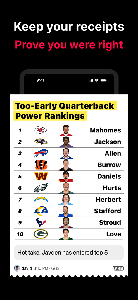 YKB app interface displaying a ranked list of NFL quarterbacks with a user hot take prediction