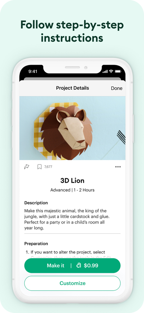 Cricut Design Space - A screenshot of the Cricut Design Space app showing step-by-step instructions and project details for making a 3D cardstock lion.
