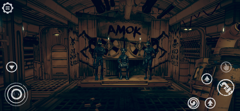 放棄されたスタジオでAMOKと書かれた看板の下に立っている3体のインクモンスターを、バーの後ろから見た一人称視点