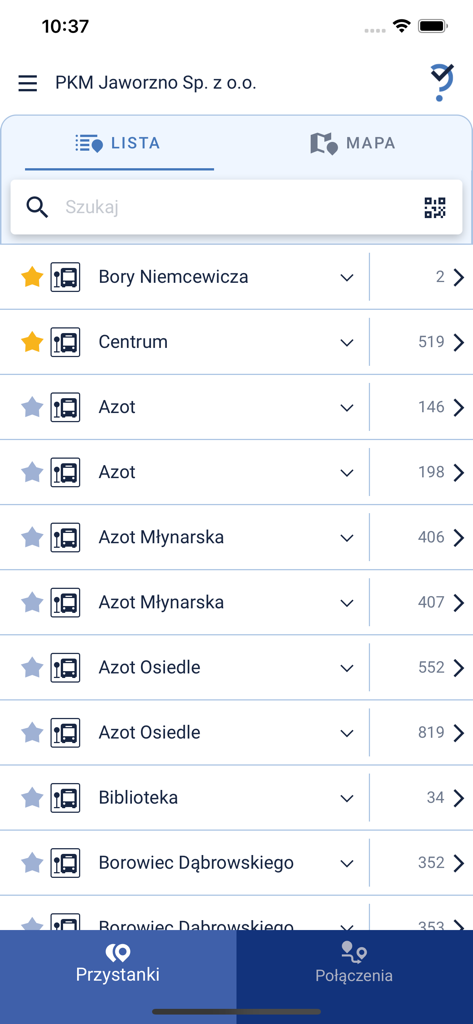 Interface d'application mobile montrant une liste d'arrêts de bus avec les heures de départ et une sélection de favoris