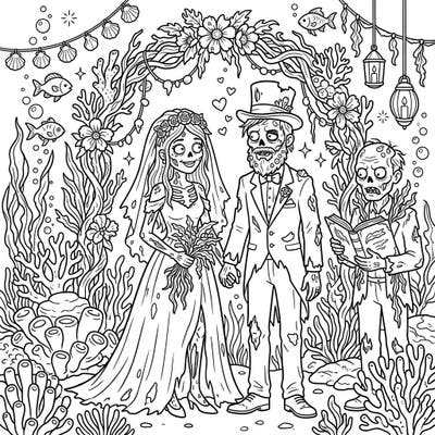 Prepare for an unforgettable journey to the deep with this incredible underwater zombie wedding coloring page. Witness eternal love bloom amidst the coral and bubbles as a unique zombie couple ties the knot.