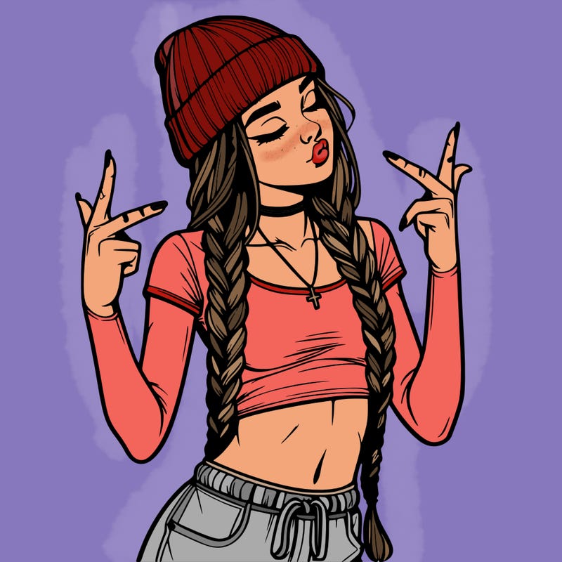 realistic teenage girl with braids and a beanie and crop top doing 🫶🏼