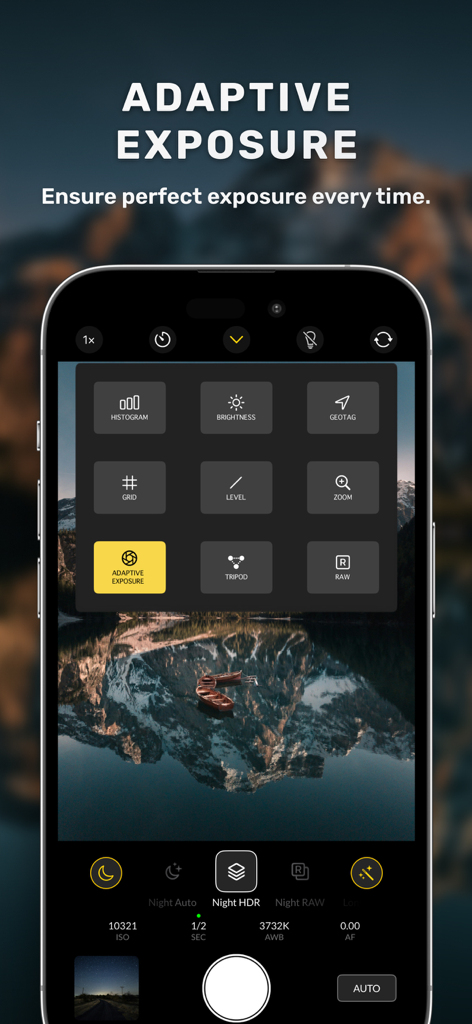 Nightcam Camera: Night Mode - Nightcam app interface showing adaptive exposure and manual camera controls for night photography