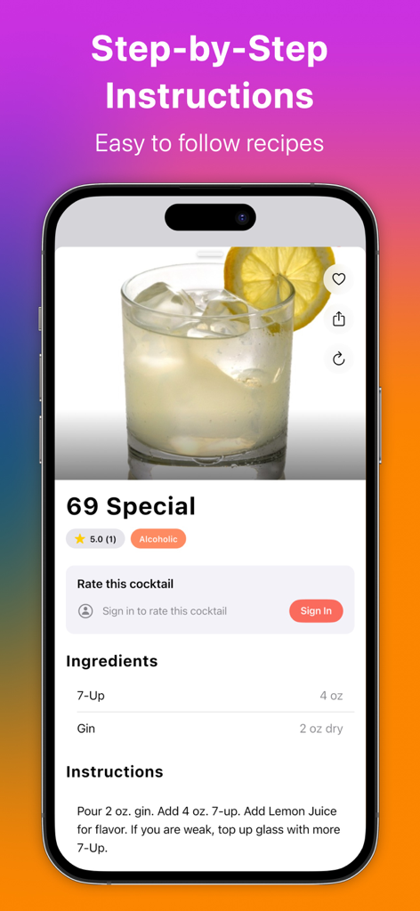 Smartphone screen displaying step by step instructions and ingredients for a cocktail recipe in the Cocktail Recipes To Go app