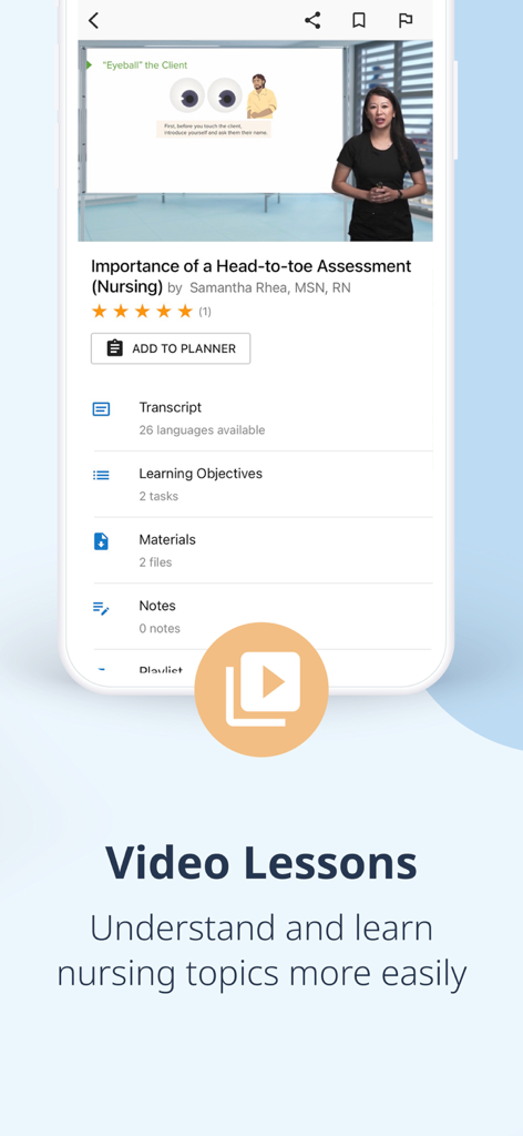 Interface de l'application Lecturio Nursing montrant une leçon vidéo sur l'évaluation tête-pieds avec des options pour les transcriptions et les notes.