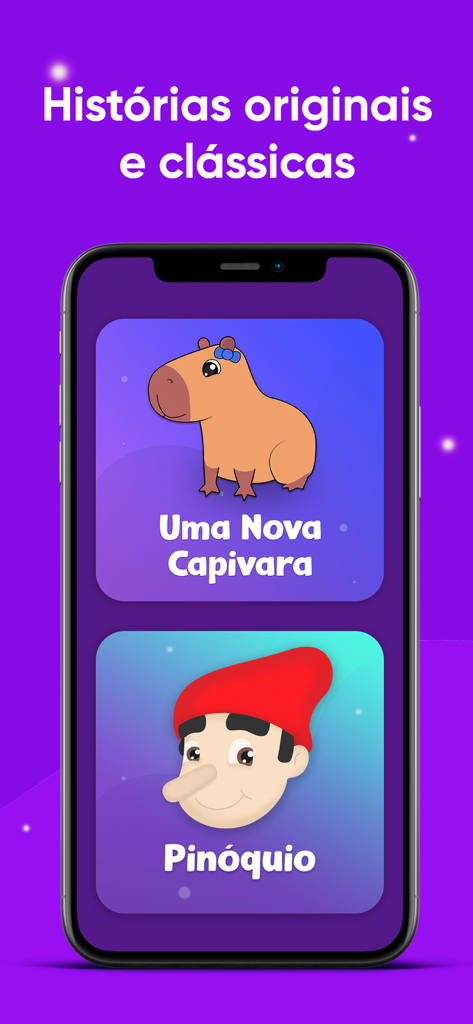 Smartphone-Bildschirm, der portugiesische Kindergeschichten anzeigt, darunter Pinocchio und eine Wasserschwein-Figur