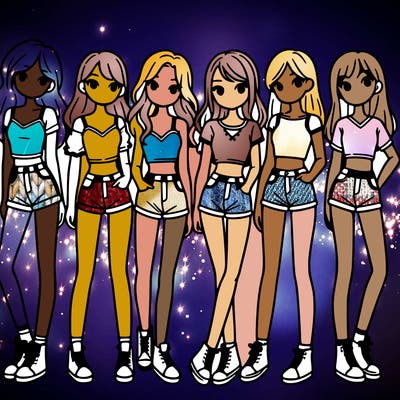 a group of girls wearing crop tops and shorts