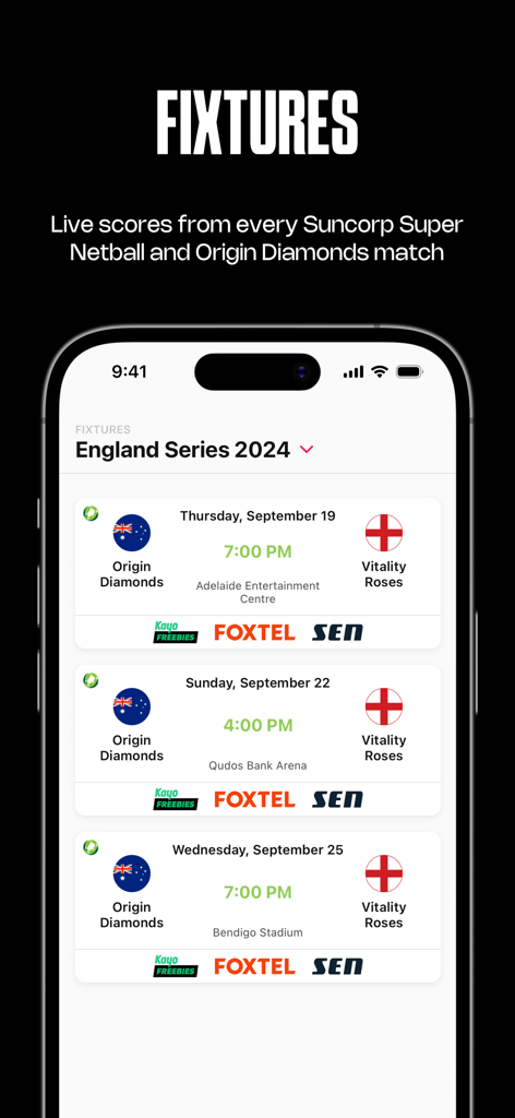 Netball Live Official App - Écran des matchs de l'application officielle Netball Live affichant le calendrier des rencontres de la série Angleterre 2024