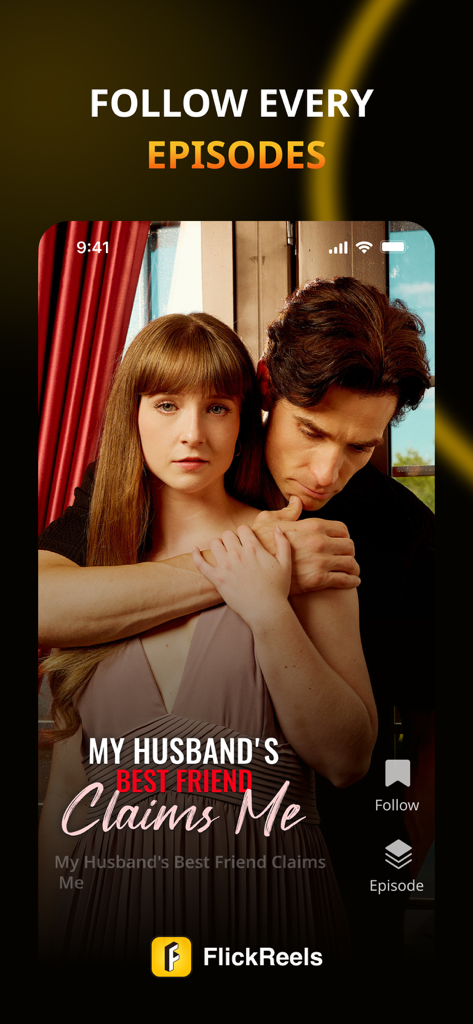 FlickReels - Popular Drama Hub - Uno screenshot promozionale dell'app FlickReels con un episodio di film drammatico romantico