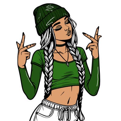 realistic teenage girl with braids and a beanie and crop top doing 🫶🏼
