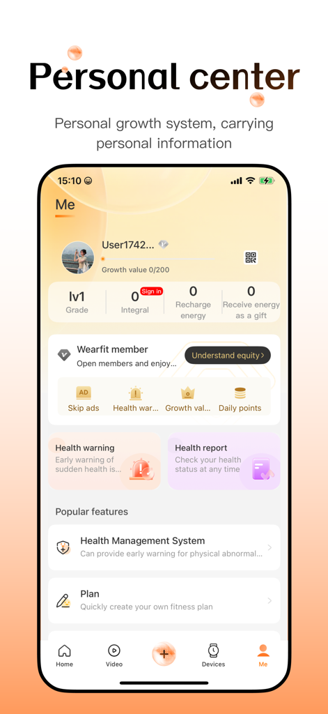 Wearfit Pro app personal center interface showing user profile and health management tools