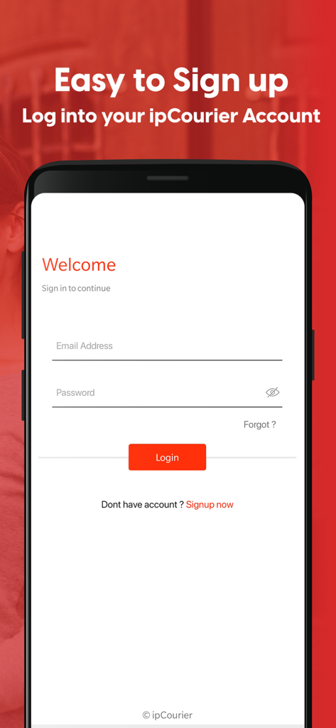ipCourier - ipCourier mobile app login and signup interface