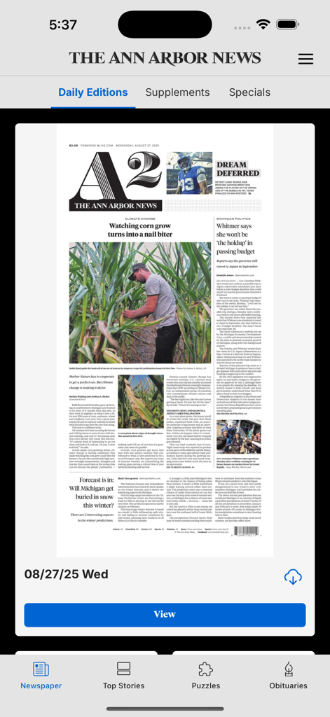 The Ann Arbor News app displaying a digital replica of the daily newspaper front page