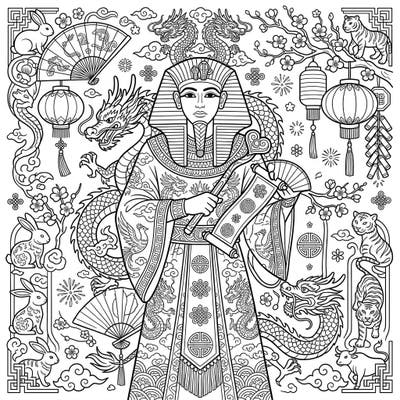 Embark on an extraordinary cultural journey with this unique coloring page, blending the majesty of an ancient Egyptian Vizier with the vibrant symbolism of Lunar New Year. Dive into intricate details featuring dragons, lanterns, and zodiac animals, perfect for a captivating coloring experience.