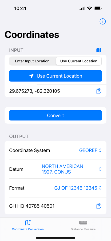 Map Tools mobile app interface showing a coordinate conversion from decimal degrees to the GEOREF system using the North American 1927 datum.