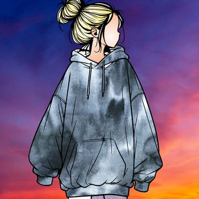 realistic girl with a oversized sweatshirt on and a bun