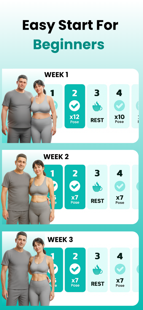 Tai Chi Walking : GentleFit - App interface showing a three week Tai Chi Walking program for beginners with progress tracking